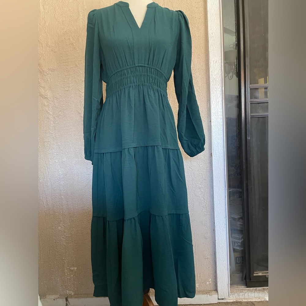 JODIFL Teal Long Sleeve Tiered Maxi Dress